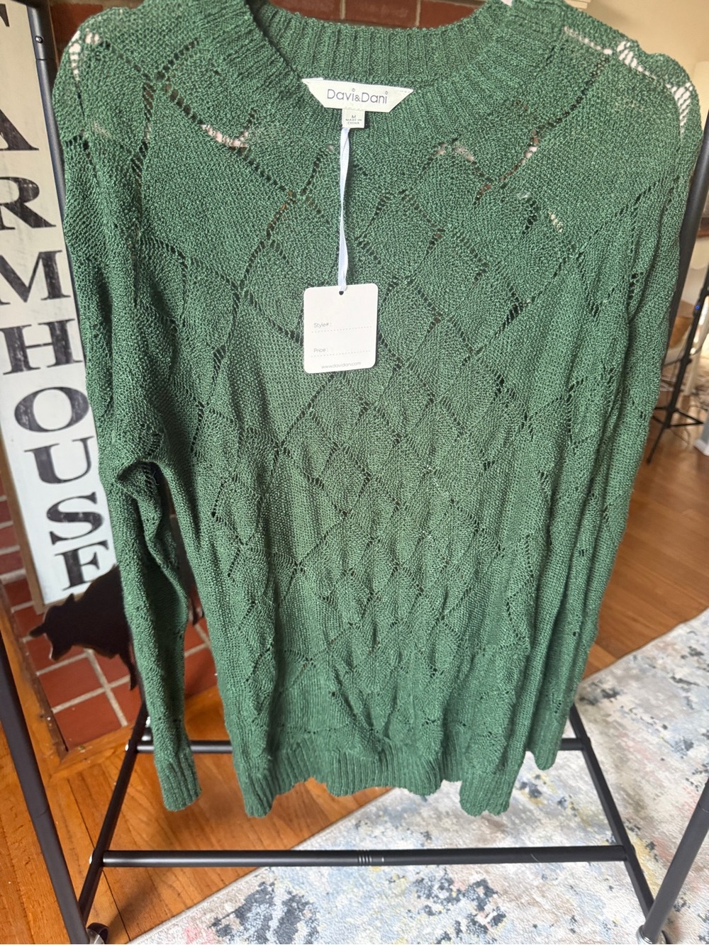 DAVI & DANI Forest Green Open-Knit Crewneck Sweater